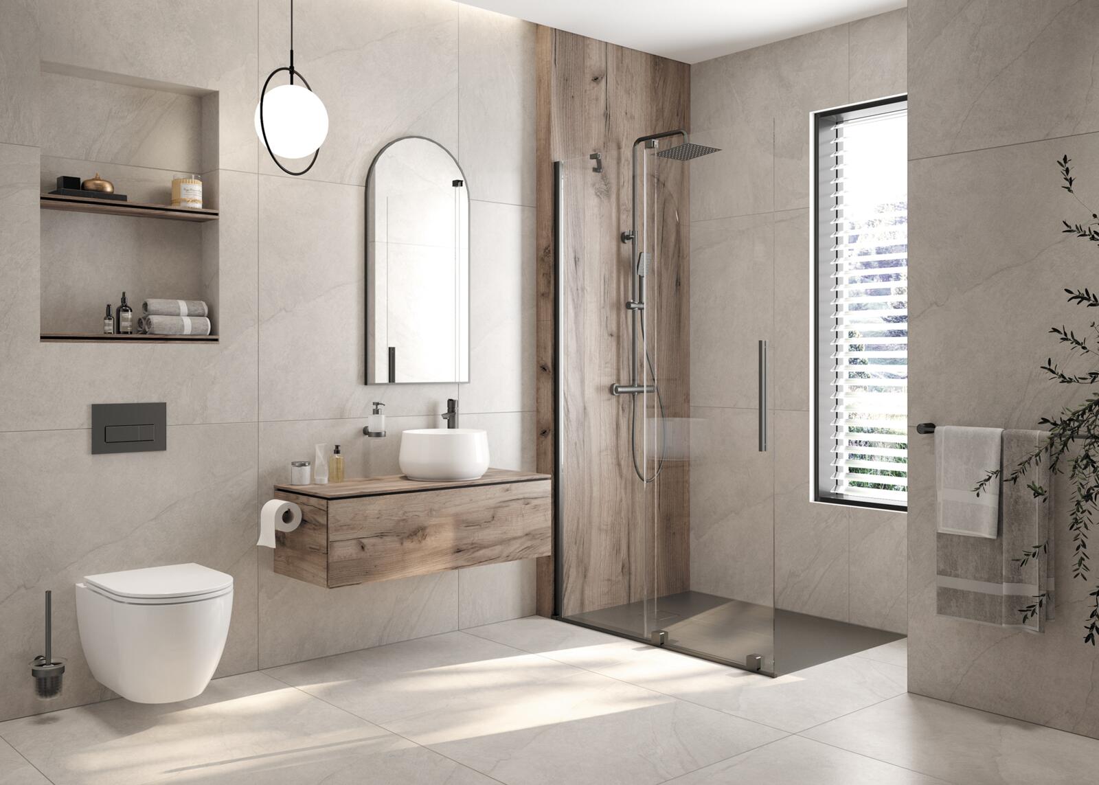 Açık tonlu banyo ve lavabo dolabı