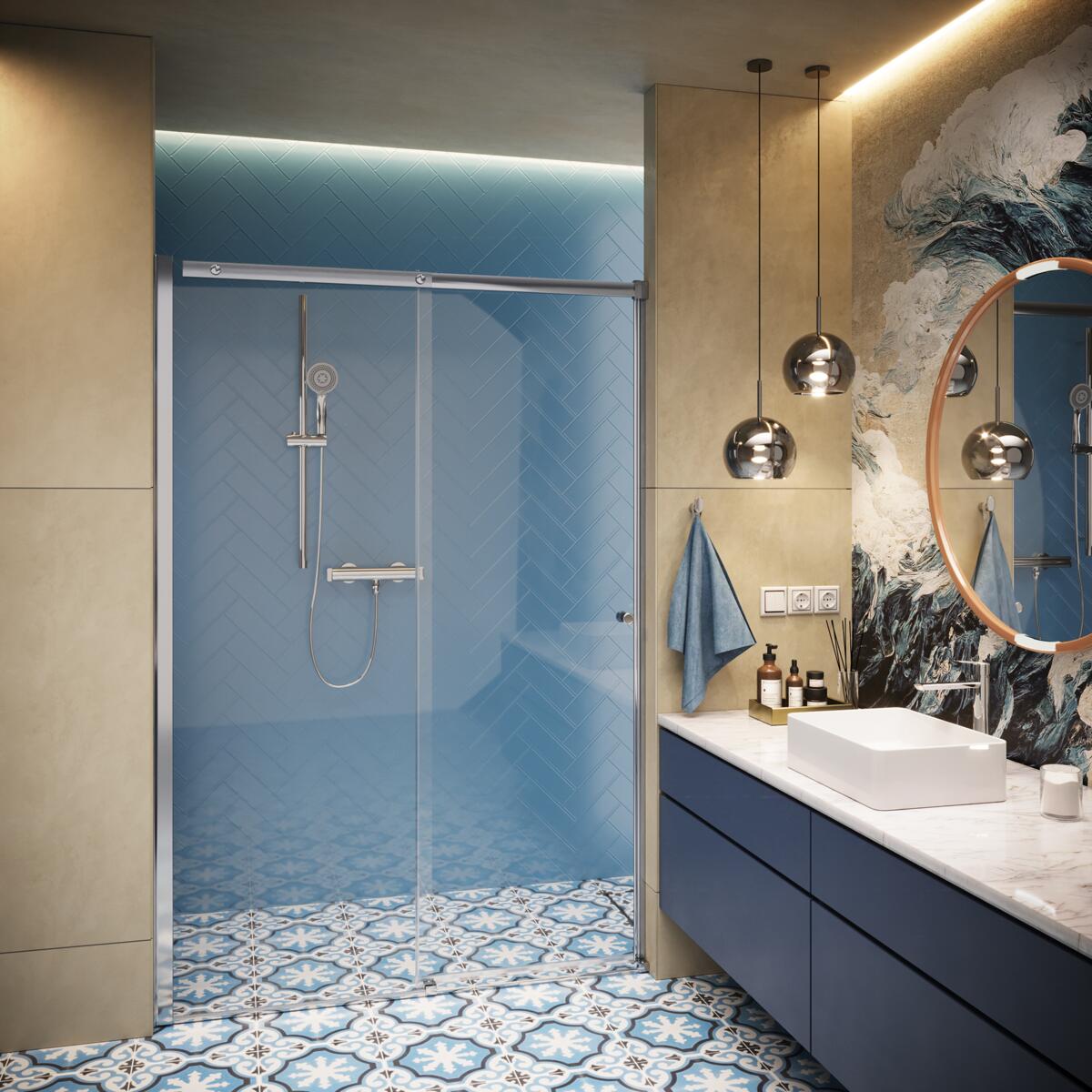 Koyu renk banyo dolabı ve ayna çevresi