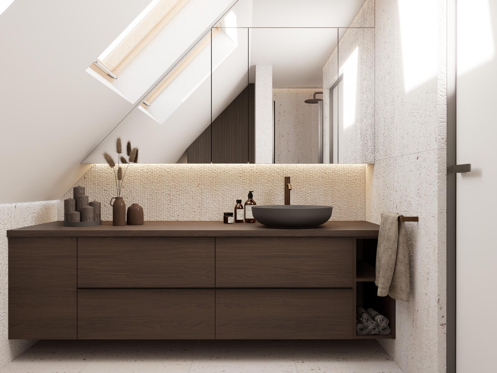 Çatı katı banyosunda lavabo dolabı