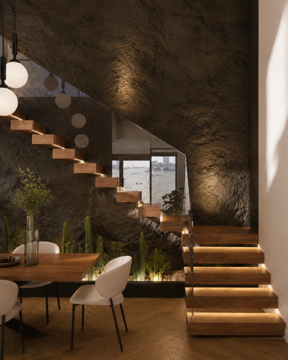 Çeşme villa merdiven ve yemek alanı